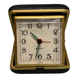 Vintage Equity Compact Travel Alarm Clock Black Wind Up Folding Case Retro